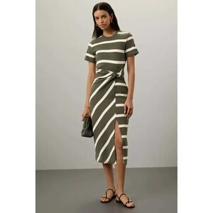 Tanya Taylor Olive Green Striped Twist Front Midi Dress Small Crew Neck Slit